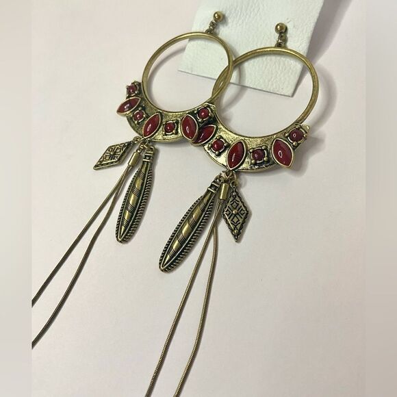 NWT Free People Winona Hoops - Gold Brass with Red Coral Stones - Picture 5 of 11